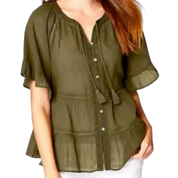 J. Jill Olive Green 100% Cotton Peasant Tier Boho Tassel Blouse Size Small - Picture 1 of 8